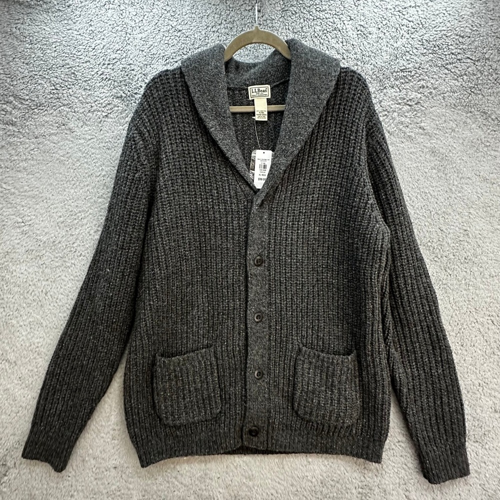 NOW LL Bean Mens XL Lambswool Shawl Collar Cardigan Sweater Charcoal Gray Warm
